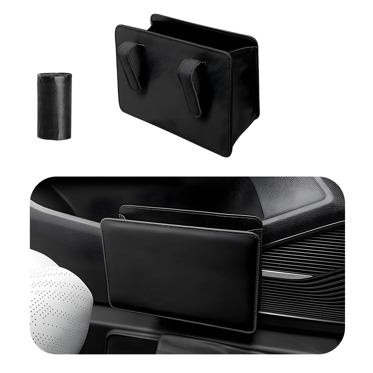 Papelera para coche Yourkar, plegable, impermeable, de cuero, organizador de basura para coche, minicontenedor con bolsa de basura de un rollo, universal, accesorio interior para coche, color negro