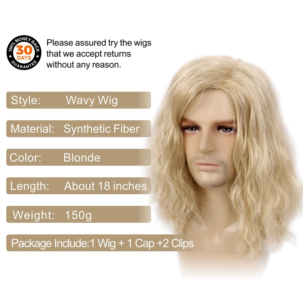 H&Bwig Blonde Long Curly Fluffy Wig for Men - Natural Synthetic Hair for Daily Costume Party (Blonde)