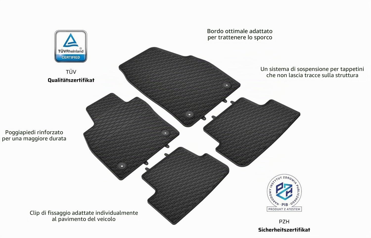 kfzpremiumteile24 tappetini in gomma zerbini di qualità in nero 4x pezzi anteriore e posteriore per qualsiasi tempo | Tappetini per auto di qualità premium su misura con design a nido d’ape resistenti alle intemperie set da 4 pezzi antiscivolo