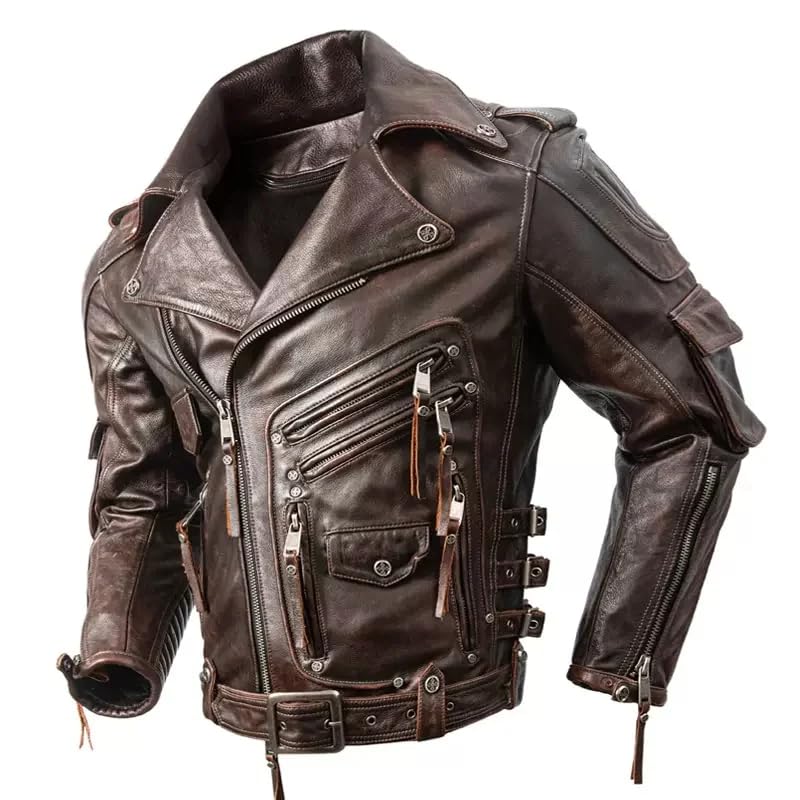 Mens Classic Heavy Motorcycle Leather Jacket Vintage Biker Real Cowhide Cafe Racer Asymmetrical Zipper Jacket Mens