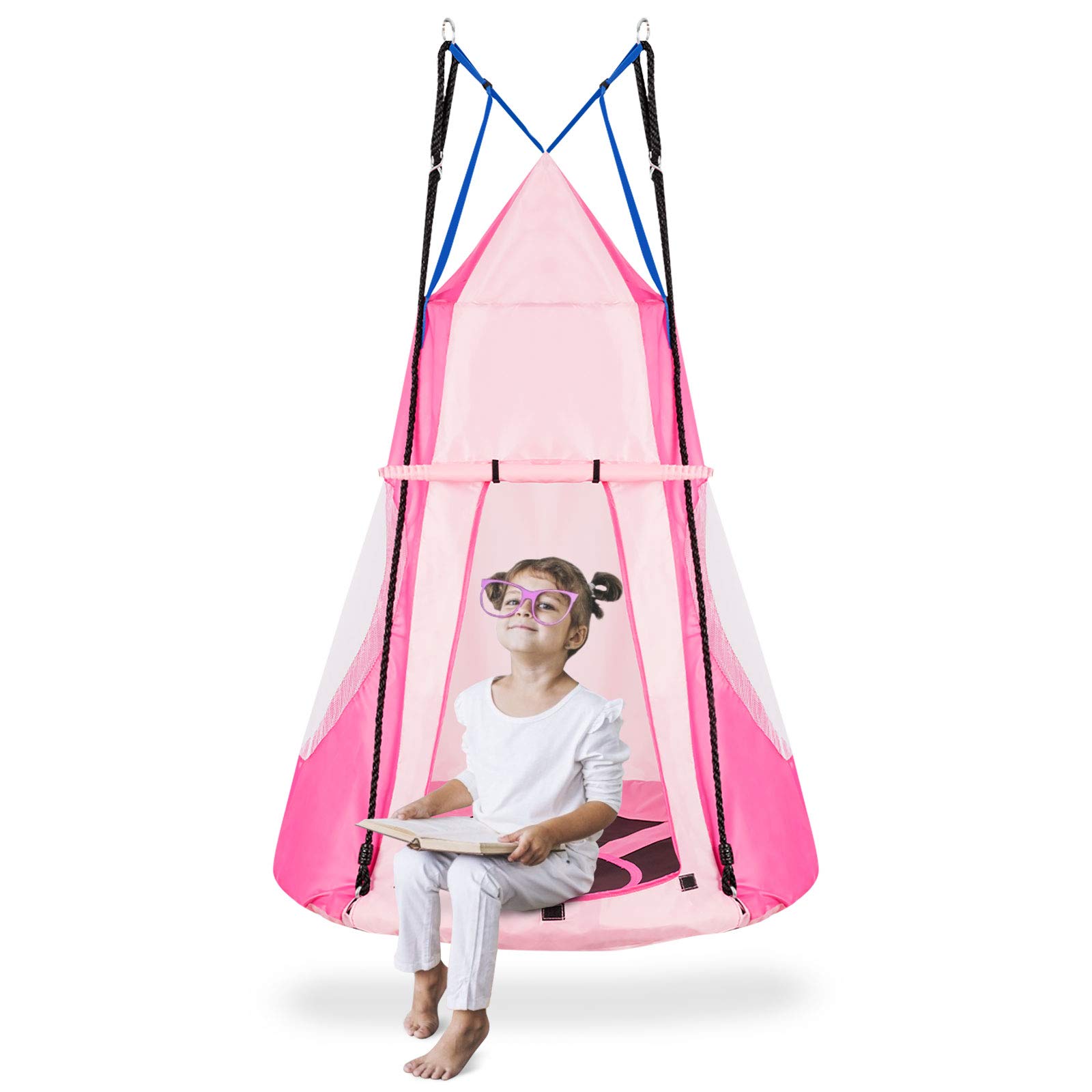 GOPLUS Columpio Nido de 100 cm con Tienda de campaña, Columpio Colgante Redondo para jardín, soporta hasta 100 kg, Ajustable de 100 a 160 cm, con Marco de Acero, con Puerta, para niños y Adultos