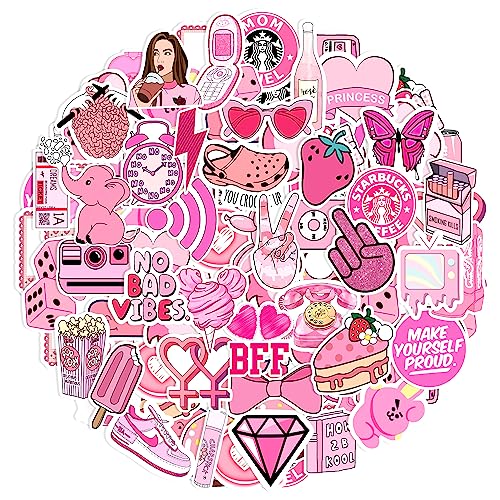 Image of FlyBuyHub Aesthetic Pink Theme Girls Vinyl Journal Stickers for Phone Case, Laptop, Notebook, Dairy, Water Bottle, Etc Self-Adhesive Set of 50 Glossy and Waterproof (Pink Theme)
