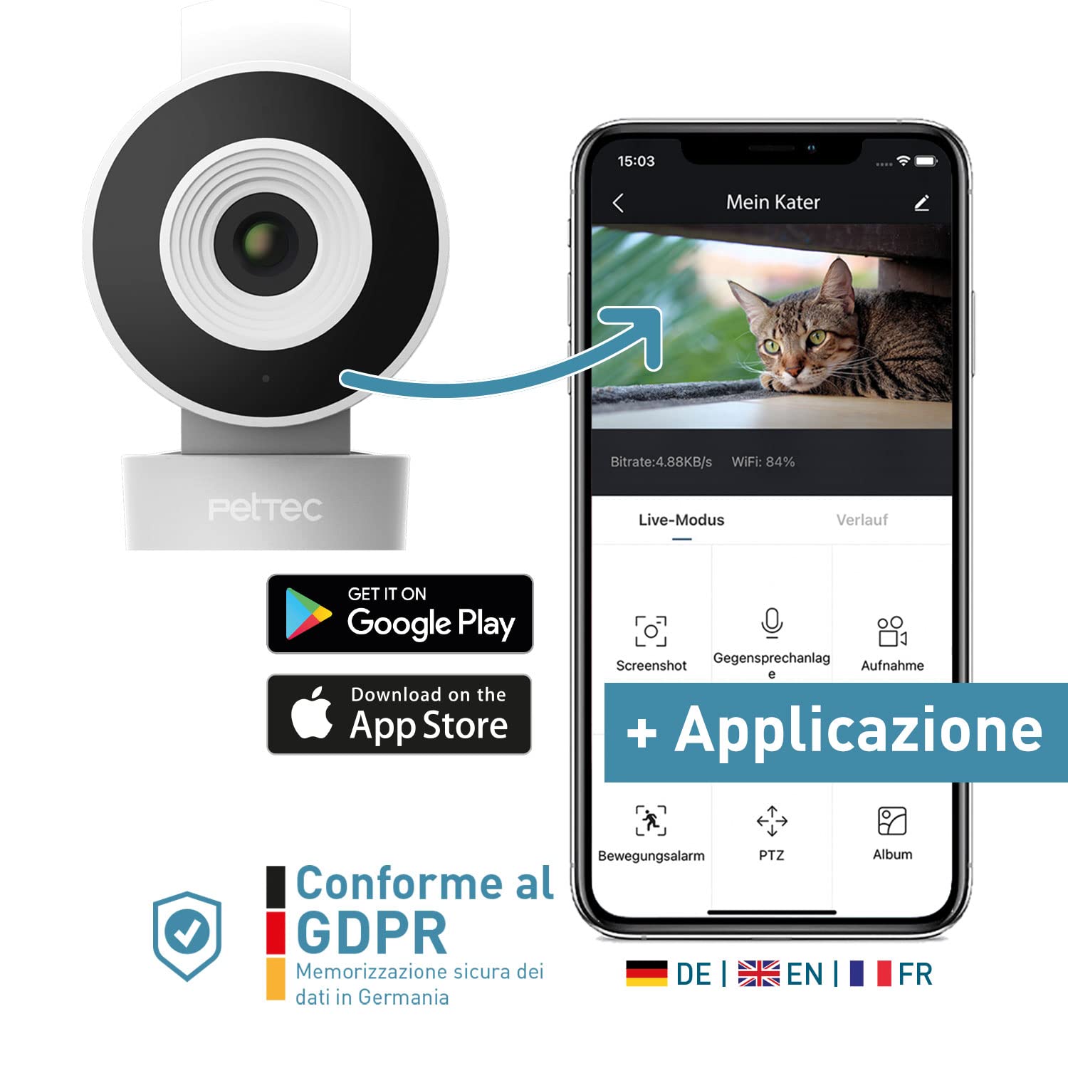 PetTec® Cam Lite - Telecamera per animali domestici Telecamera per cani con app [SENZA ABBONAMENTO] - Telecamera per gatti e cani a casa con rilevamento del movimento e funzione di visione notturna