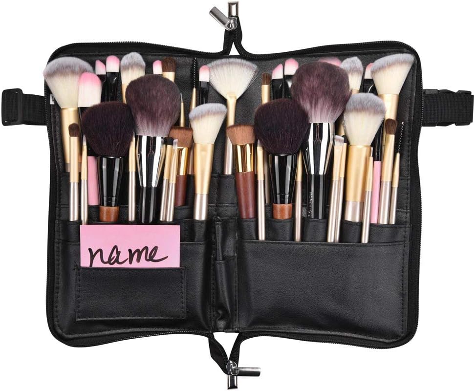 BYOOTIQUE 2in1 Multi Brush Holder Waist Zipper Bag Professional Portable Foldable Cosmetic Makeup Pouch with Belt Strap Artist Storage Organizer
