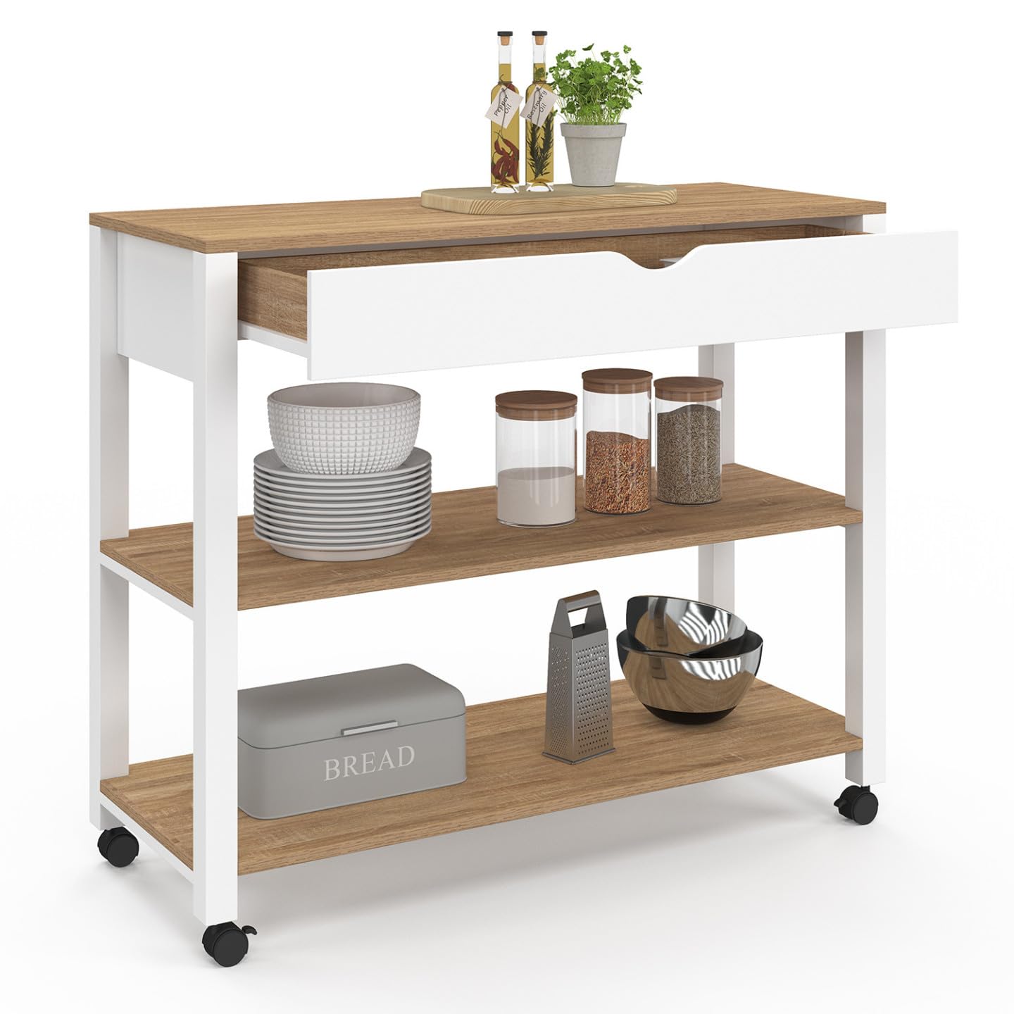 IDMarket – Carro de cocina PENH XXL con cajón y encimera blanca, bandejas estilo haya, 100 CM de largo