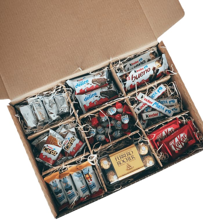 Cestas de chocolate Kinder. Regalo original para amantes del Kinder Bueno, Cards, Ferrero Rocher y las barritas (Gigante)
