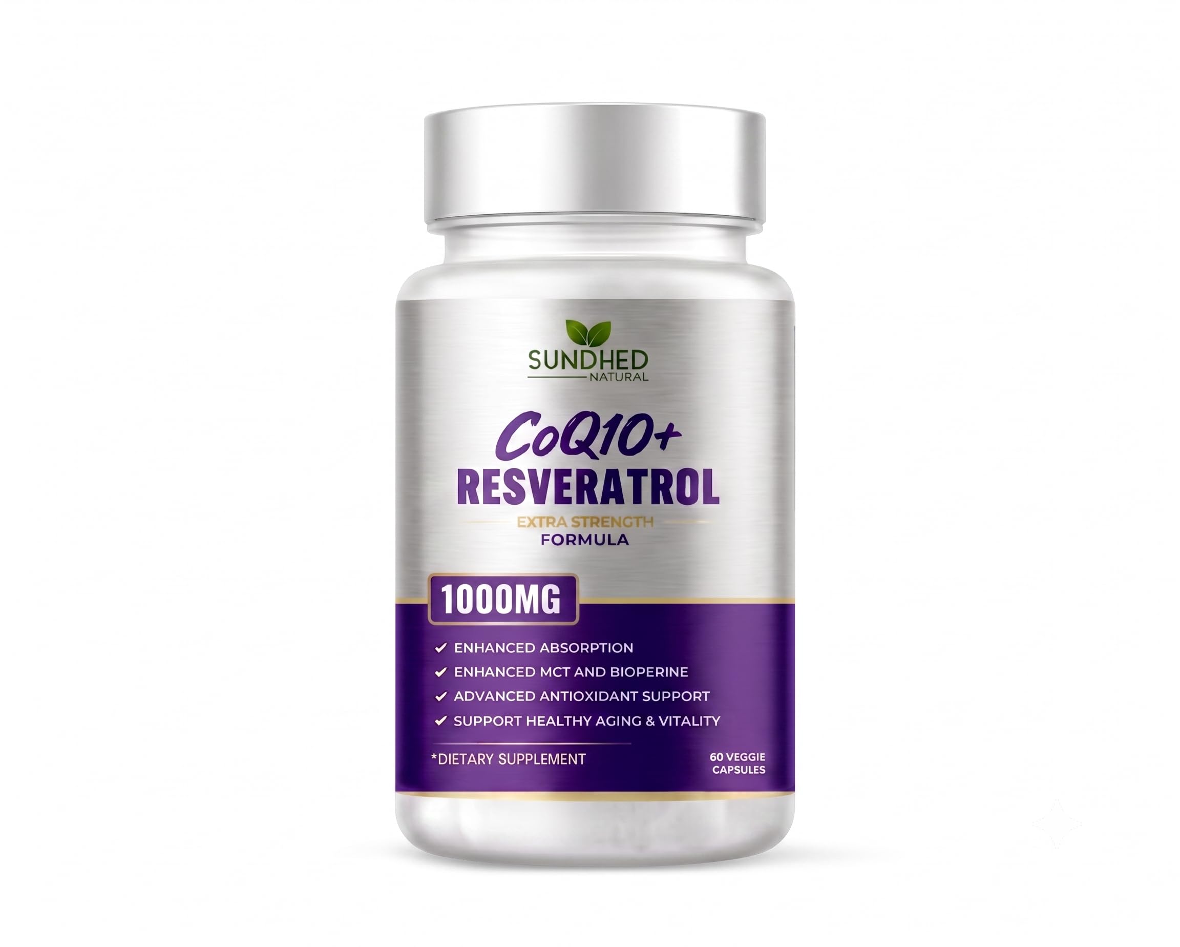 Sundhed Natural Suplemento antioxidante de CoQ10 e resveratrol 500 mg + 500 mg, 60 cápsulas
