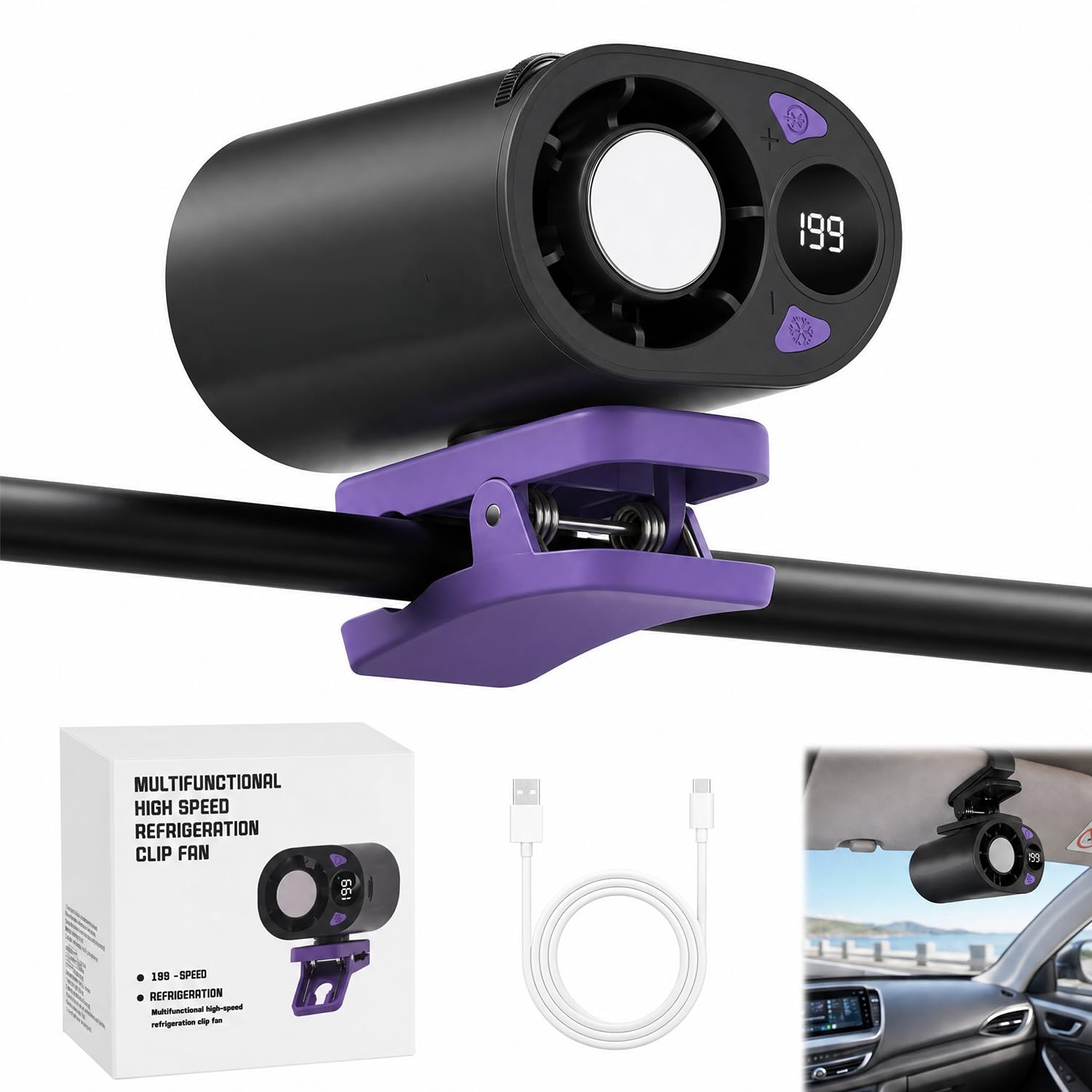 Vibbang Car Clip on Air Conditioner Fan, Rechargeable Car Fans That Blow Cold Air with LED Display, 16℃ Semi-Cooling 199 Speeds 360° Rotation, for Office Beach Truck Tent Pram
