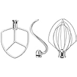 Stainless Steel Stand Mixer Attachments 3-Piece for KitchenAid 5.5-6 Qt Tilt Head Stand Mixer. Includes 6 Wire Whisk, Flat Beater, Dough Hook for KitchenAid 6 Qt Mixer Bowl