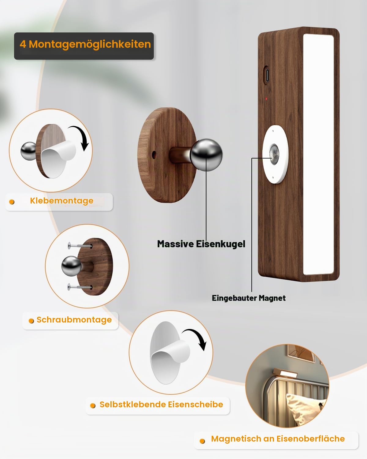DetarZinLED Wandleuchte ohne Stromanschluss,2 Stück Wandlampe Akku Innen,LED Wandleuchte Kabellos,Dimmbar Touch Control Bettlampe,360° Drehbare Batterie Leselampe Holz für Schlafzimmer Wohnzimmer