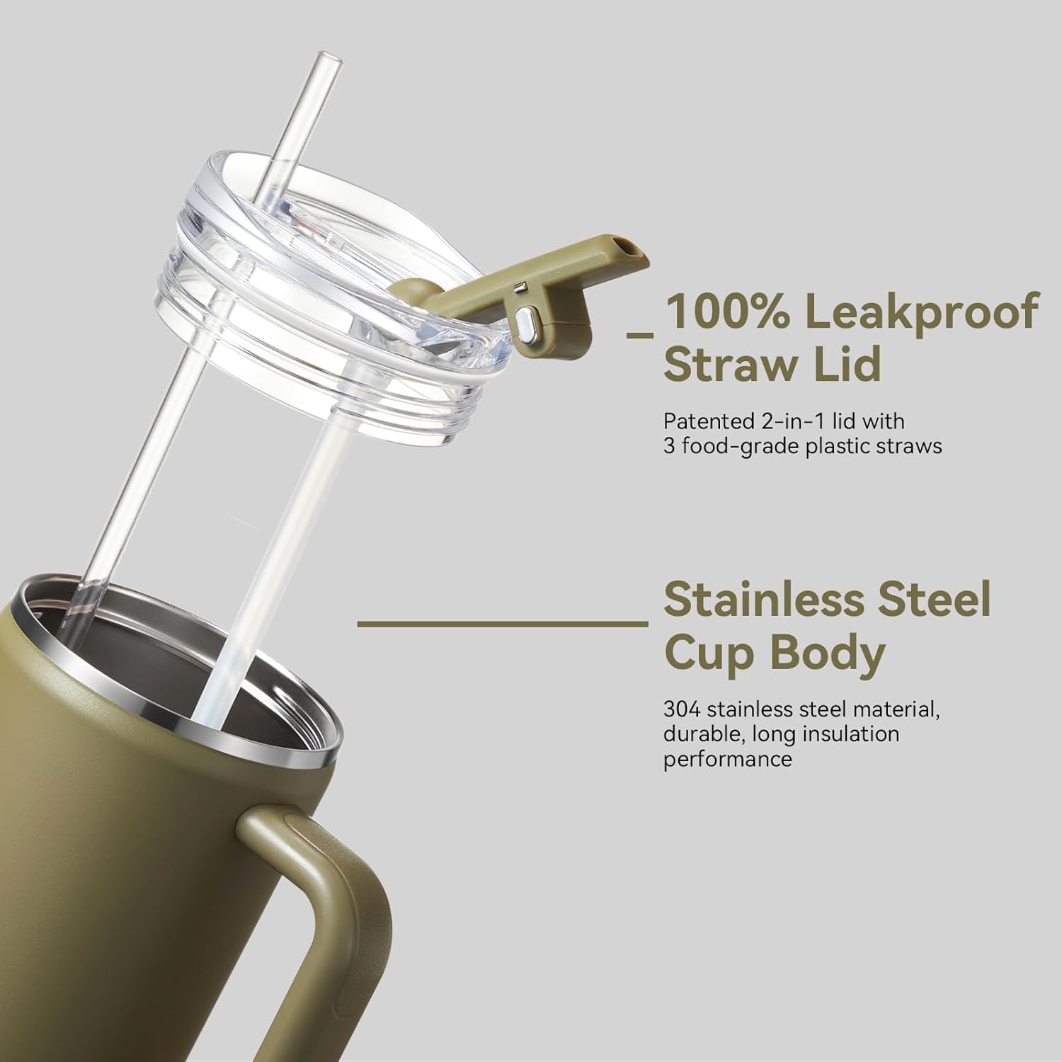 Gpeng 30/40/50 oz Tumbler with Handle, Water Bottles with Straw Lid, Insulated Stainless Steel Travel Mug Cup Holder Friendly, Keep Drinks Cold or Hot for Hours (ArmyGreen, 30 oz) - Image 4