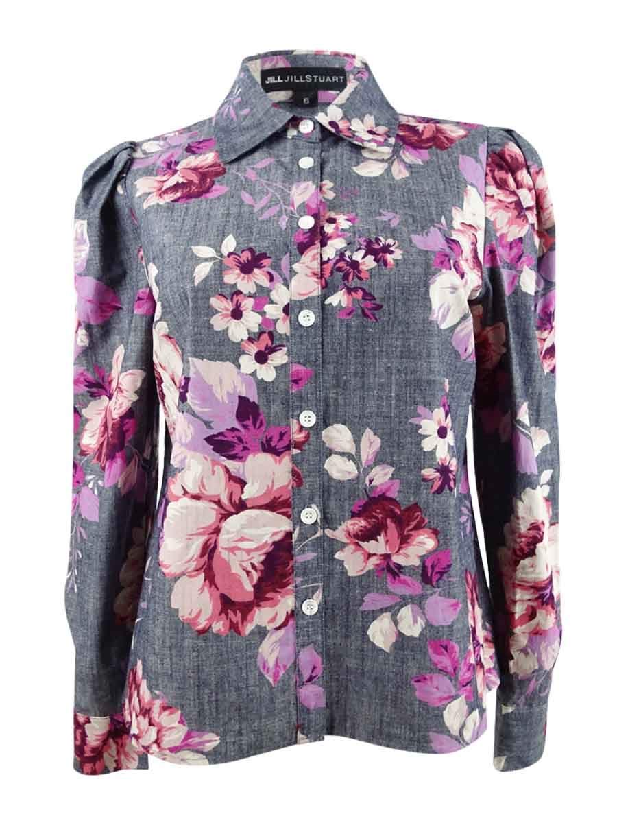 JILL by JILLSTUARTStuart | Chambray Cuffed Collard Top | Chambray Rose Print | 6