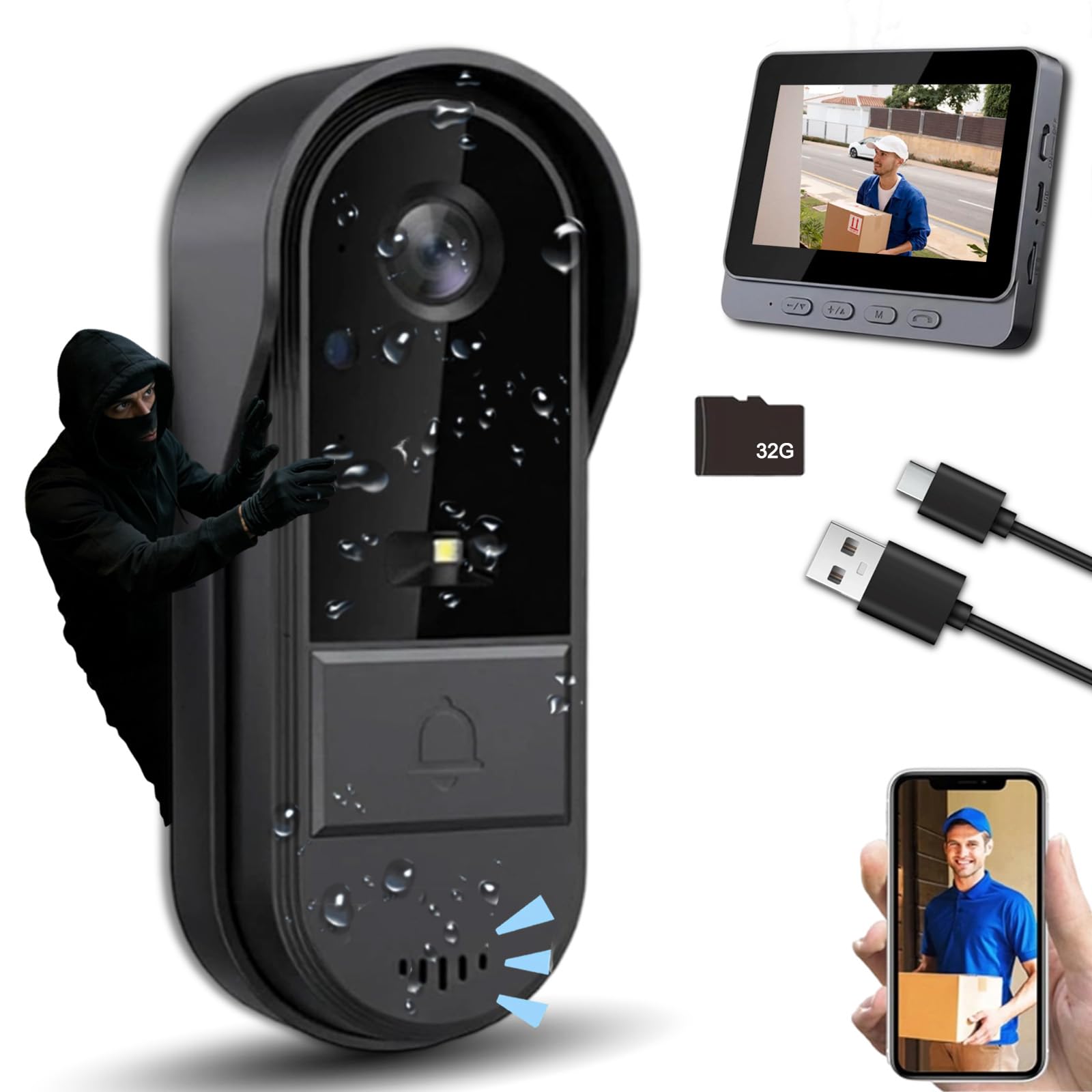 2026 New X8 Video Doorbell Camera, X8 Wireless Doorbell Camera with 4.3" HD Monitor, Ip65, 1080p, 170° Angle, Night Vision and Two-Way Audio, No Wifi, Rechargeable Battery for Home Security (32G)