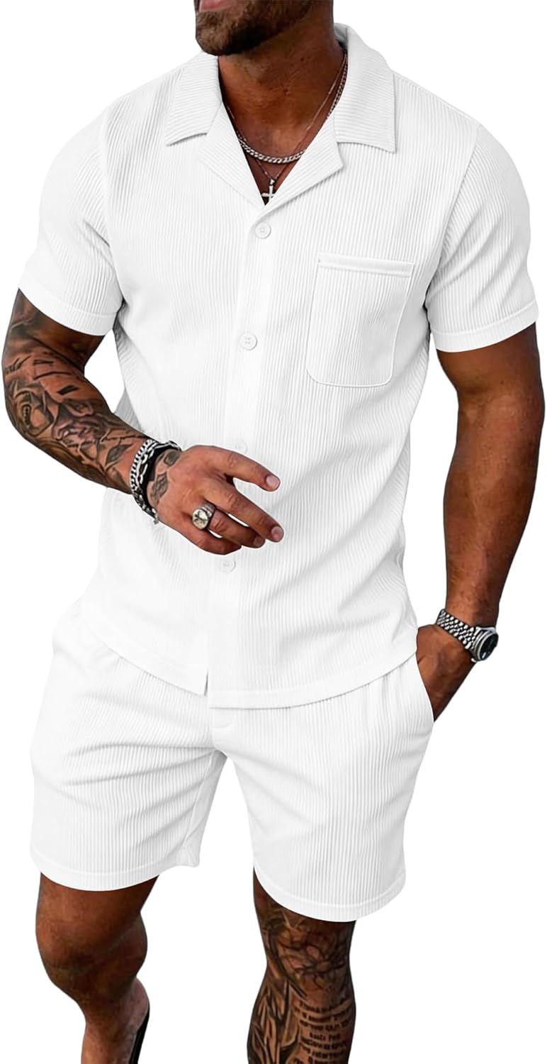 UOUA 2 Piece Short Sets for Men Summer Beach Outfits Stripe Texture Button Down Shirts & Shorts Casual Vacation Set