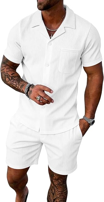 UOUA 2 Piece Short Sets for Men Summer Beach Outfits Stripe Texture Button Down Shirts & Shorts Casual Vacation Set