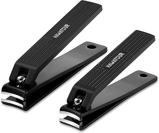 Nail Clippers Set, Ultra Sharp Curved Blade Fingernail and Toenail Clipper Cutters with Visibly Tin Case, Squares and Stripes, Black