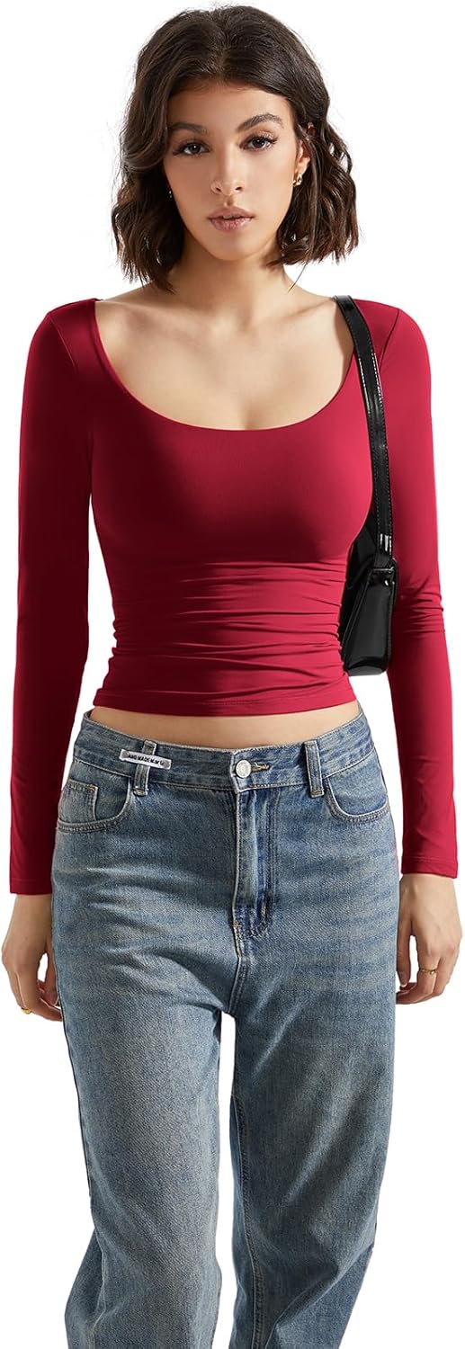 SUUKSESS Women Double Lined Fitted Basic T Shirts Scoop Neck Long Sleeve Crop Top - Image 4