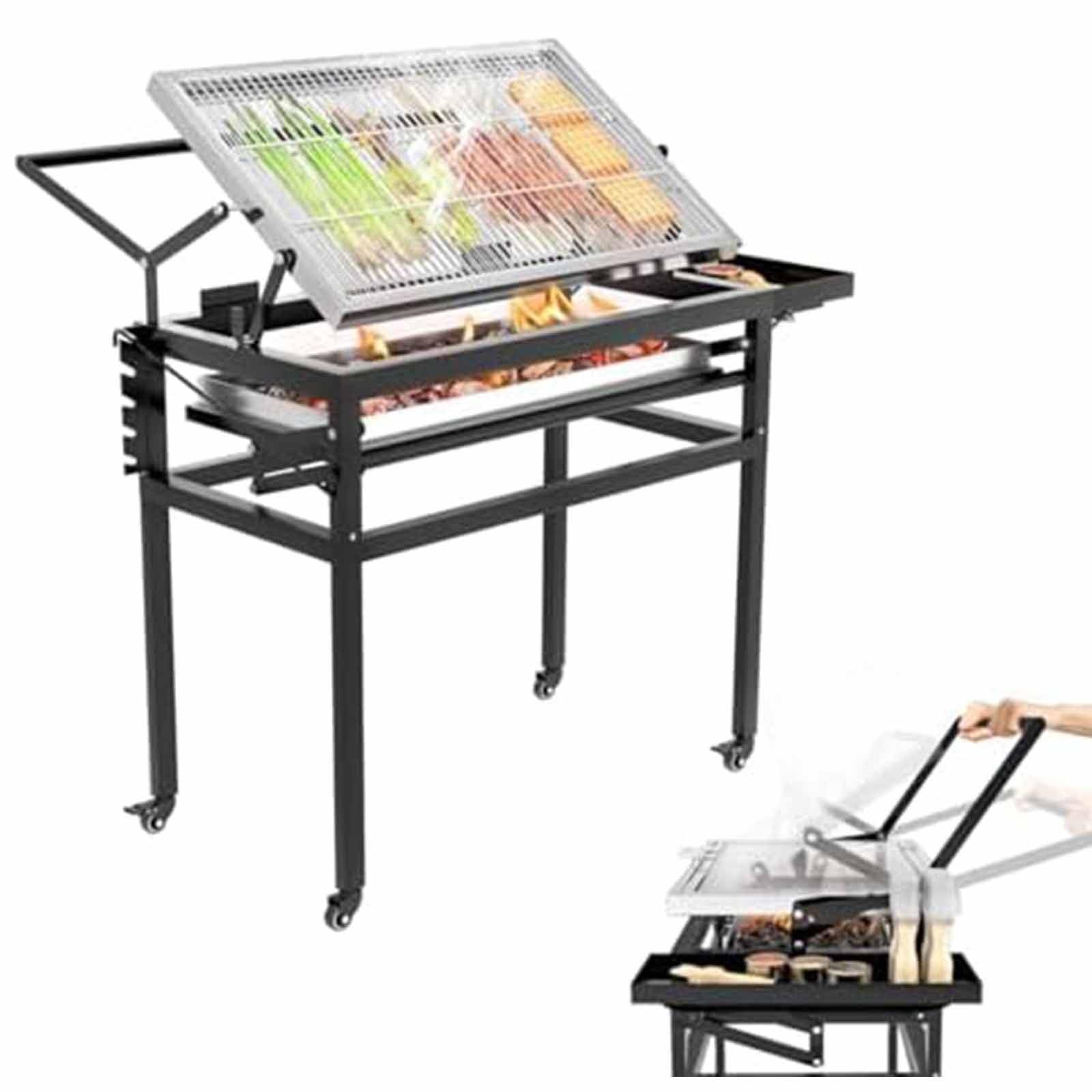 Grill Węglowy Z Wózkiem, Wytrzymały Kwadratowy Zewnętrzny Zdejmowany Przenośny Grill, Obrotowy Ruszt Do Gotowania 360°, Grille Stojące Z Kółkami Do Kempingu, Ogrodu, Komercyjnego Grilla
