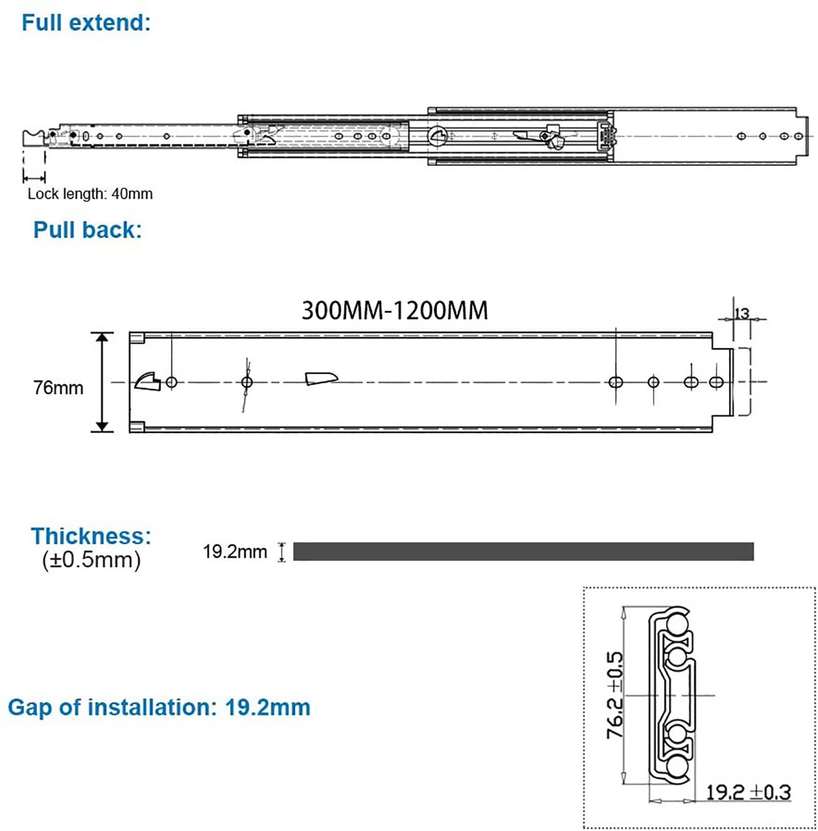 Corredores de cajón resistentes de 1200 mm con bloqueo de bolas de metal, extensión completa, capacidad de 120 kg, 1 par, ideal para un deslizamiento suave y máximo apoyo (tamaño: 400 mm/16 pulgadas)