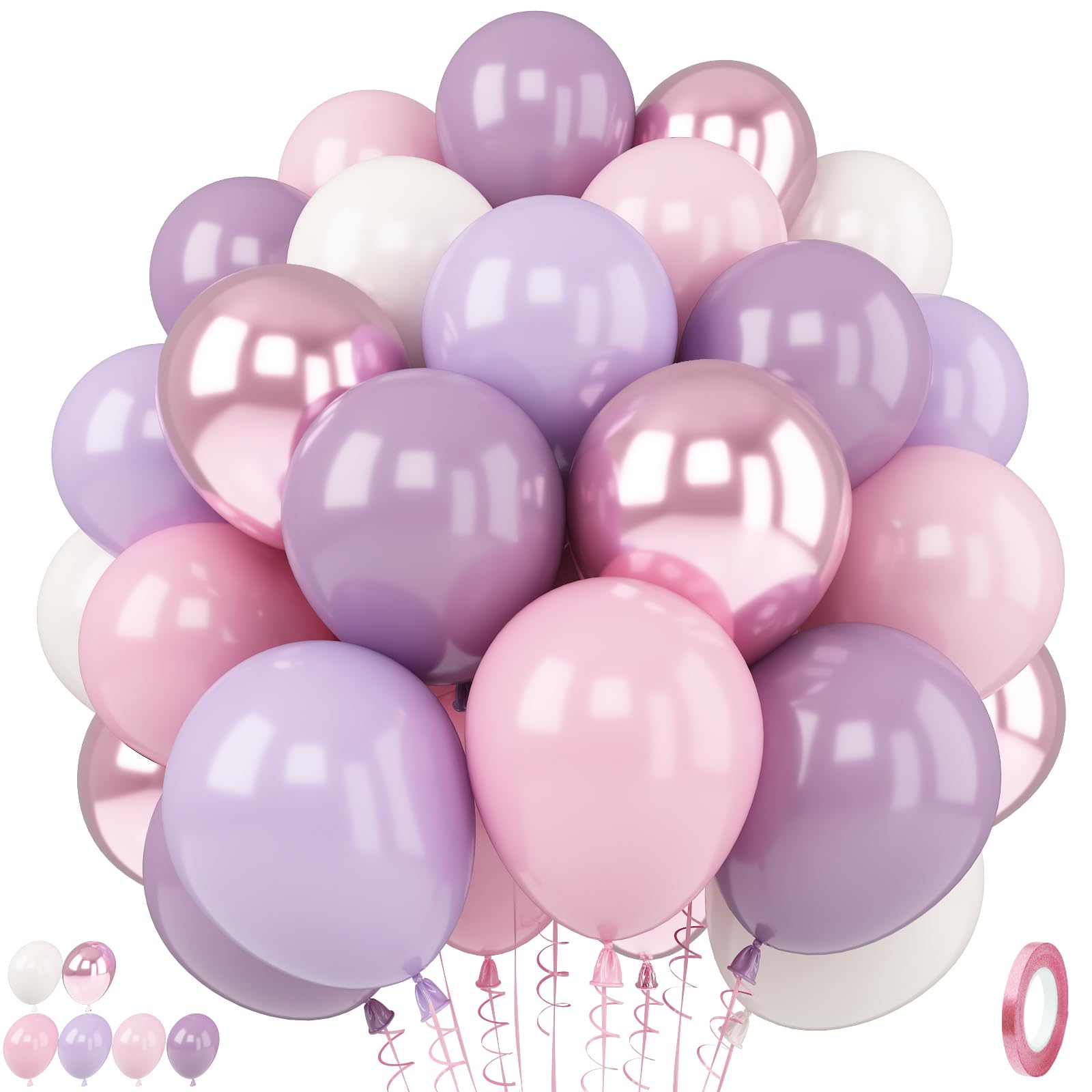 Pink and Purple Balloons, 12 Inch Pastel Light Pink Lavender White Balloons with Lilac Beige Metaliic Balloon for Fairy Princess Butterfly Birthday Bridal Shower Baby Shower Wedding Party Decoration โ image 1