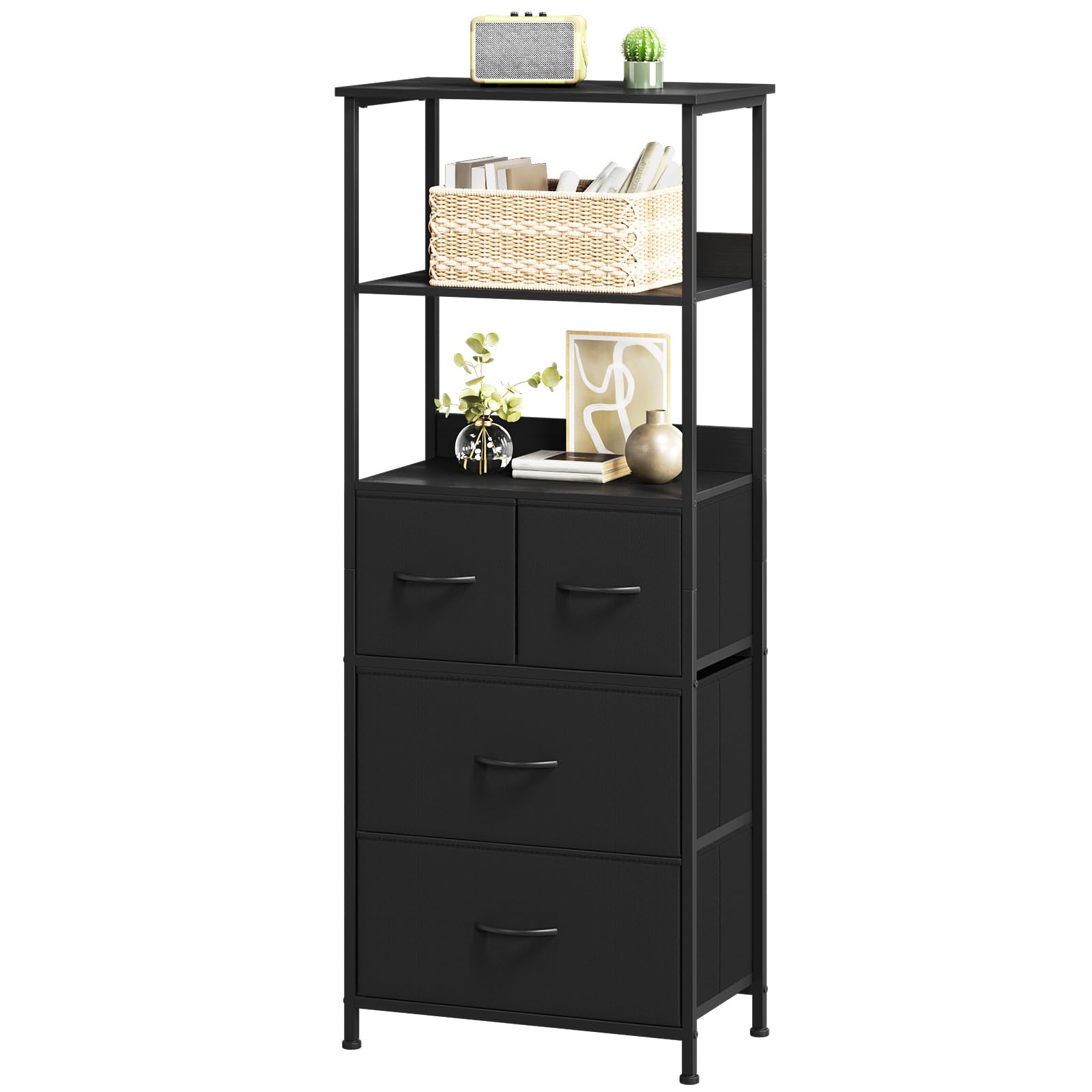 Somdot 5-Tier Bookcase, Freestanding Bookcase for Living Room Bedroom Home Office, Tall Bookshelf with 4 Fabric Storage Drawers, Shelving Unit Open Storage Display Shelf, Black