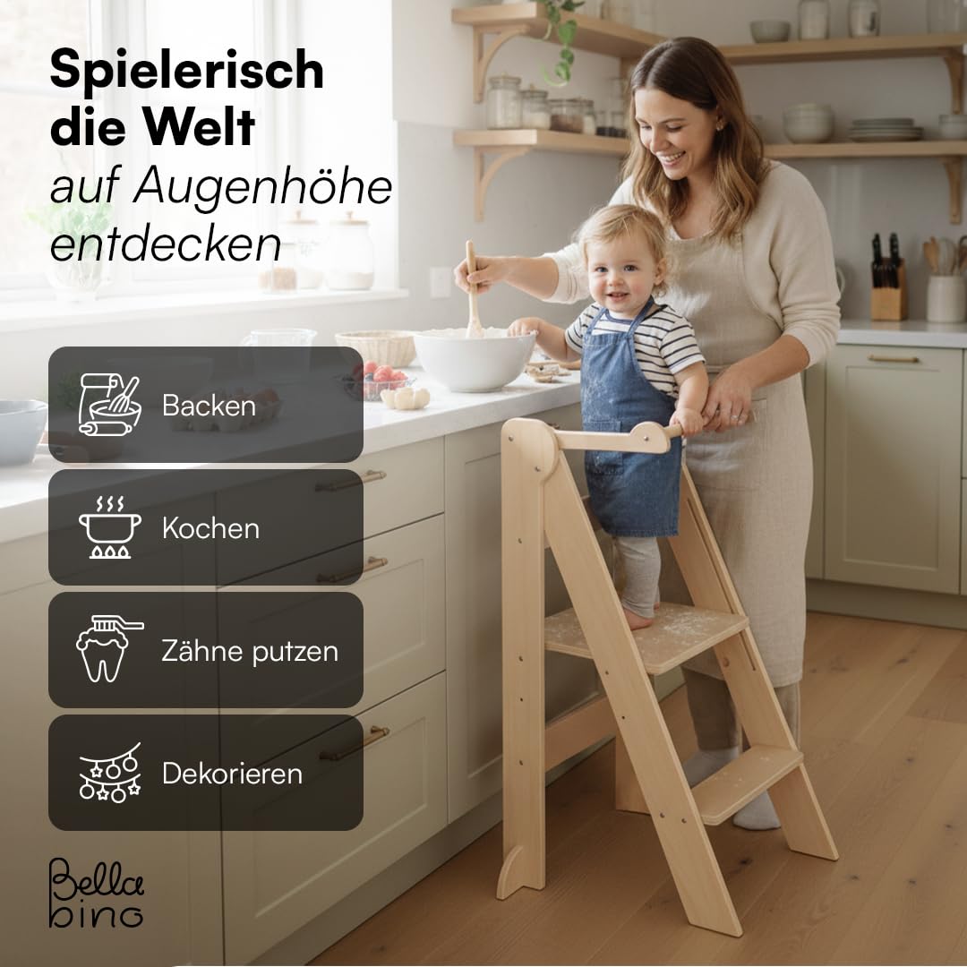 Bellabino Tay Lernturm ab 1 Jahr – Learning Tower 2-Fach höhenverstellbar & klappbar – Lernstuhl in Natur für Kinder – Montessori Stehturm aus Birkenholz – sicherer Tritthocker mit Kippschutz