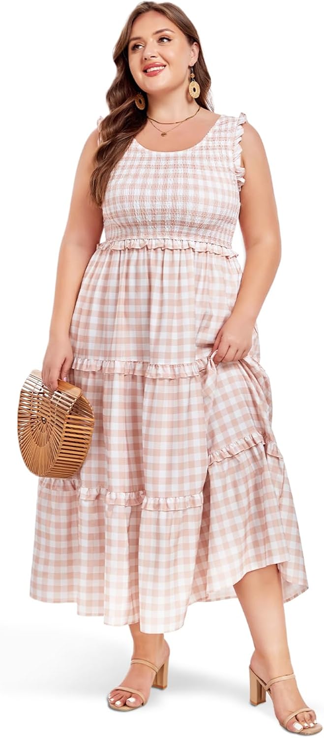 Women's Plus Size Summer Casual Maxi Dress Ruffle Sleeveless Plaid Smocked Tiered Long Dresses with Pockets - Image 3