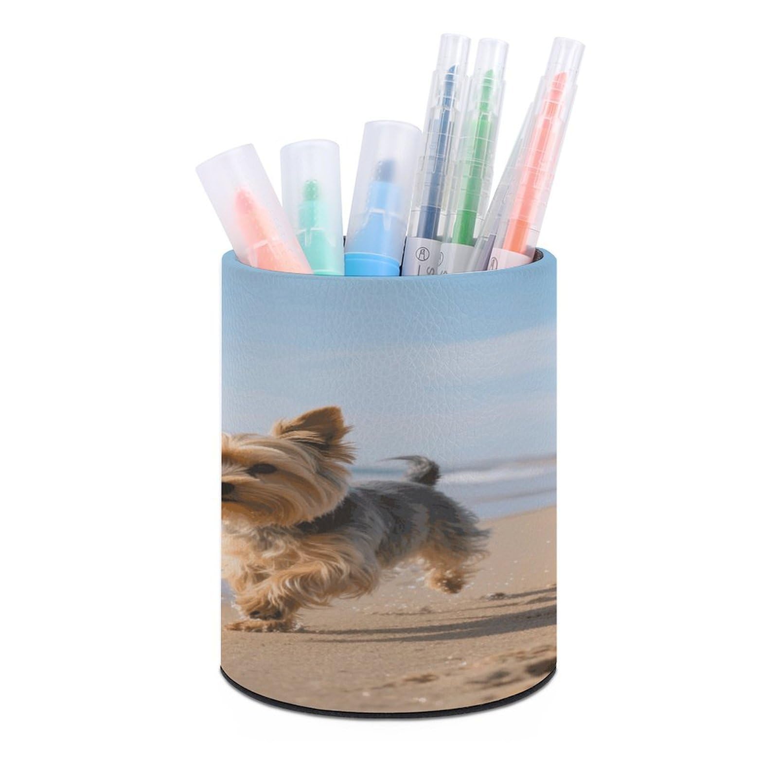 VstaDank Yorkshire Terrier on Beach Pen Holder Round Pencil Holder Cup Pen Container PU Leather Desk Organizer Stand Decor Brush Scissor Holders Decoration Office Desk Home (3.1 X 3.9 Inches)