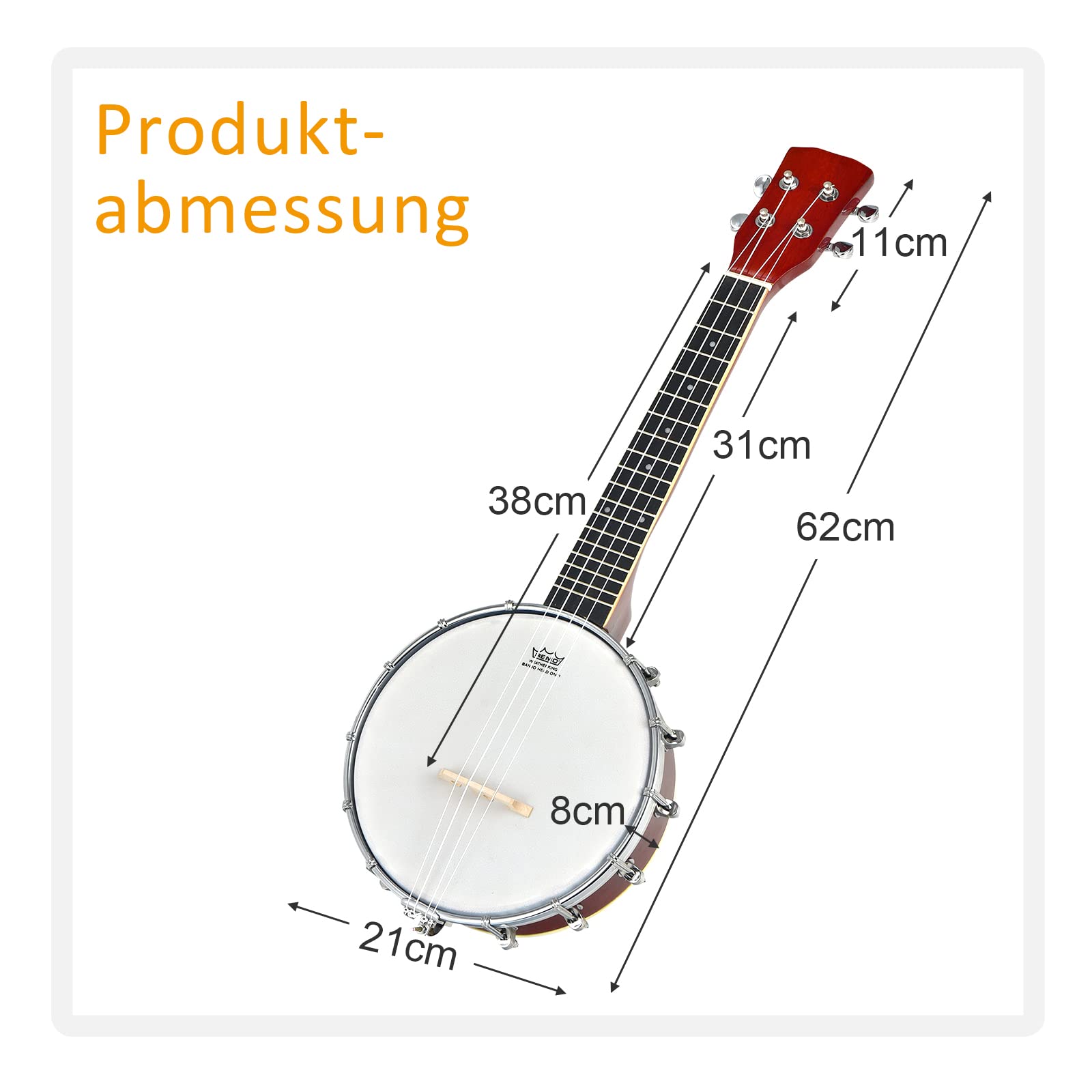 DREAMADE 4 Saiten Banjo 24 Zoll, Banjolele mit Remo-Fell und Reinigungstuch, Banjo Set für Kinder und Anfänger