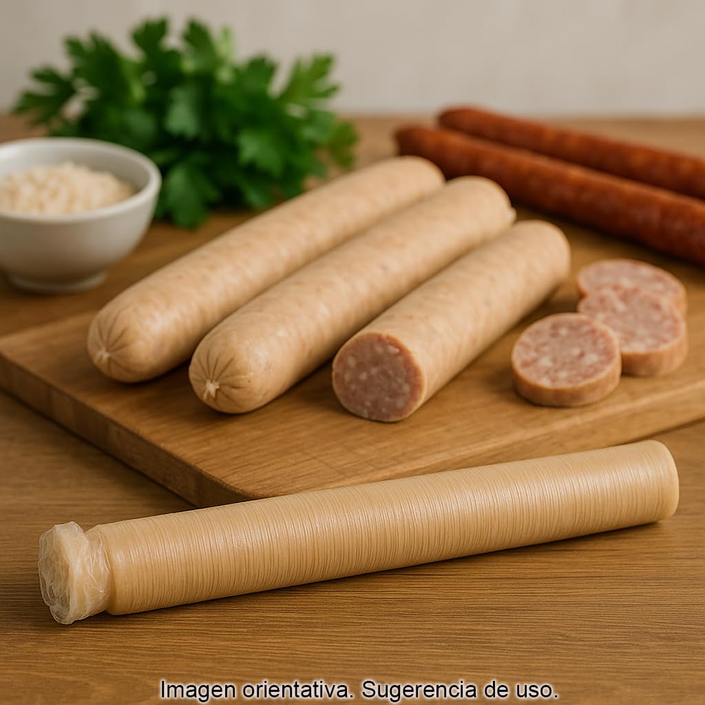 Tripa de colágeno comestible 26 mm 15 m lista para embutir, funda uniforme para salchichas y longaniza, calibre constante para embutidos caseros y artesanales