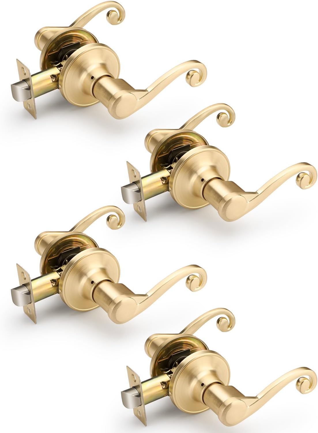 EHOMEWARE Brushed Gold Door Handles 4 Pack, Closet/Hall Door Knobs Interior, Keyless Passage Door Levers, Unique Wave Design, for Right Sided Open Doors