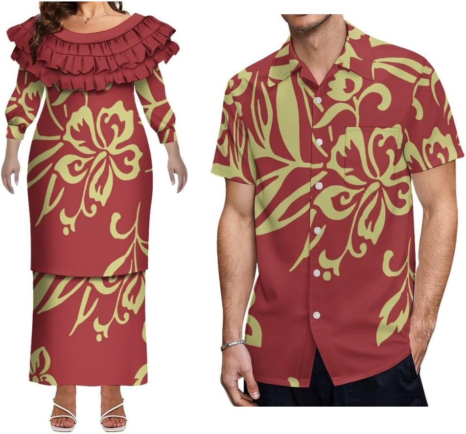Women's Puletasi Dress Set Fashionable Couple Set Men's Pocket Shirt Polynesian Samoan Clothing