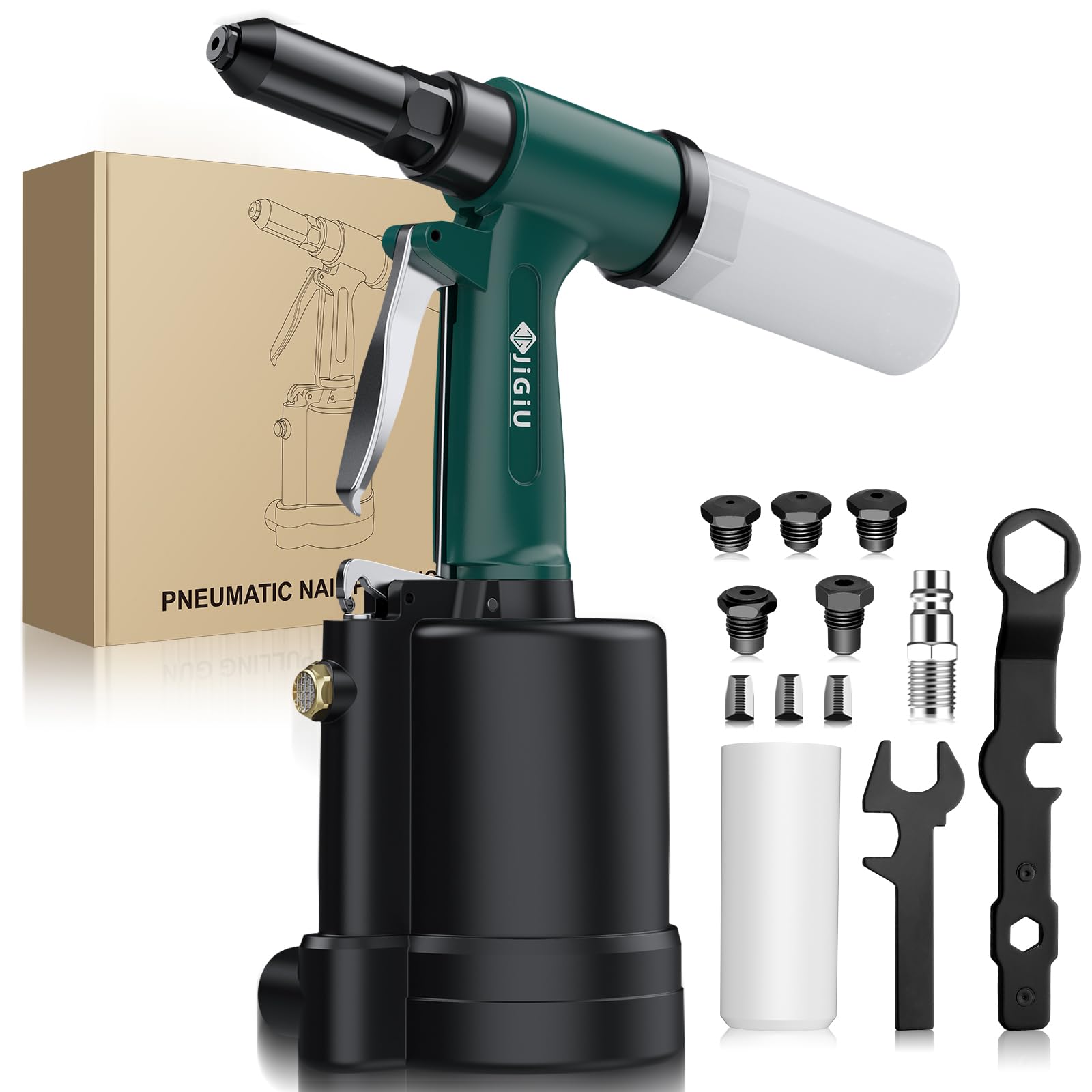 JiGiU Remachadora Neumática 1780KGF Pistola Remachadora Neumática con 5 Boquillas 2.4mm, 3.2mm, 4.0mm, 4.8mm y 6.4mm para Automoción, Construcción, Industrias Manufactureras