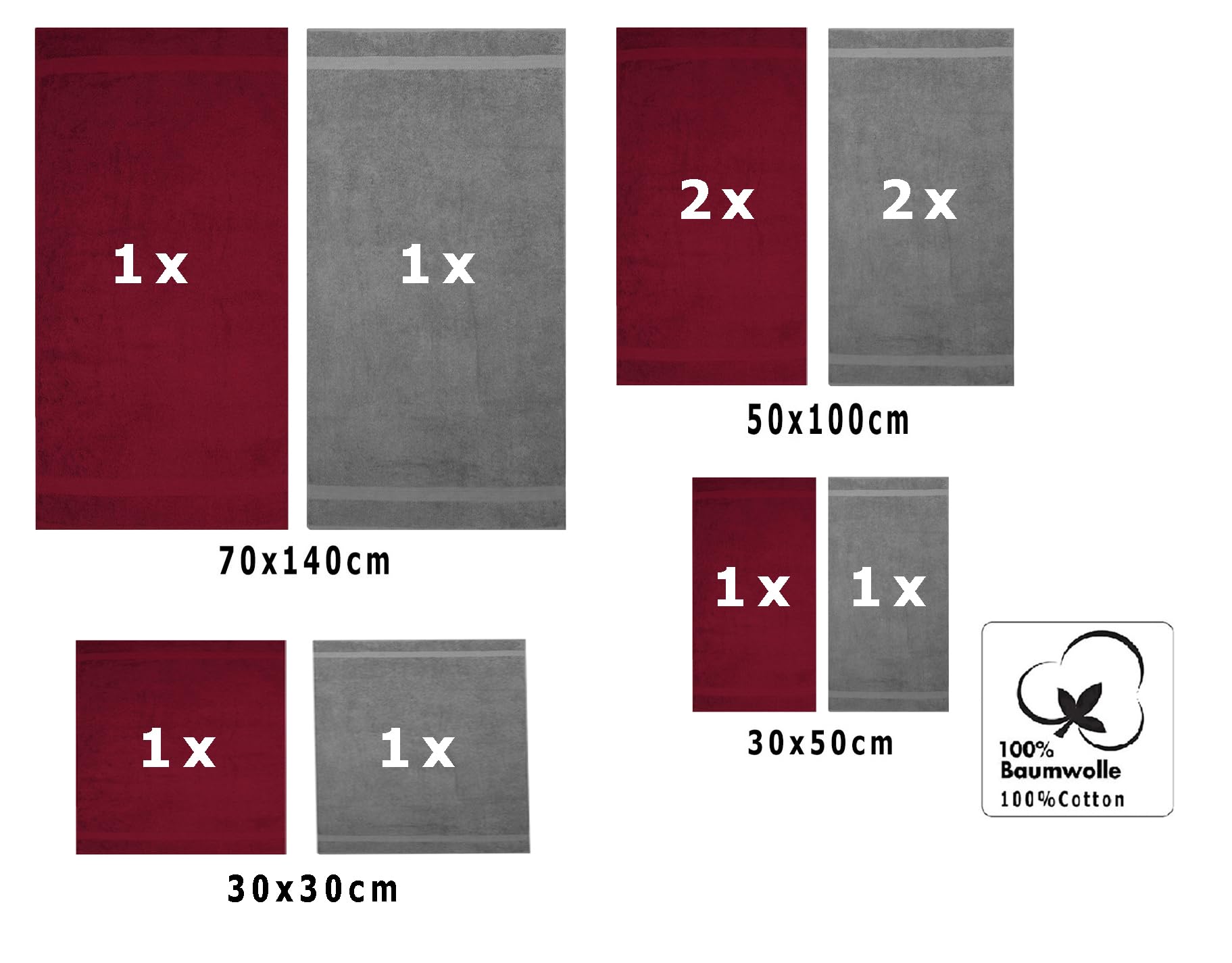 Betz Juego de 10 Toallas Classic 100% algodón 2 Toallas de baño 4 Toallas 2 Toallas de Mano 2 Toallas Cara de Color Rojo Oscuro y Gris Antracita