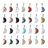 FASHEWELRY 50Pcs Crescent Moon Shaped Stone Pendants Assorted Gemstone Mixed Necklace Charms Tiny Healing Crystal Quartz Chakra Reiki Gemstone Charms for Necklace Jewelry Making Hole: 2x7mm