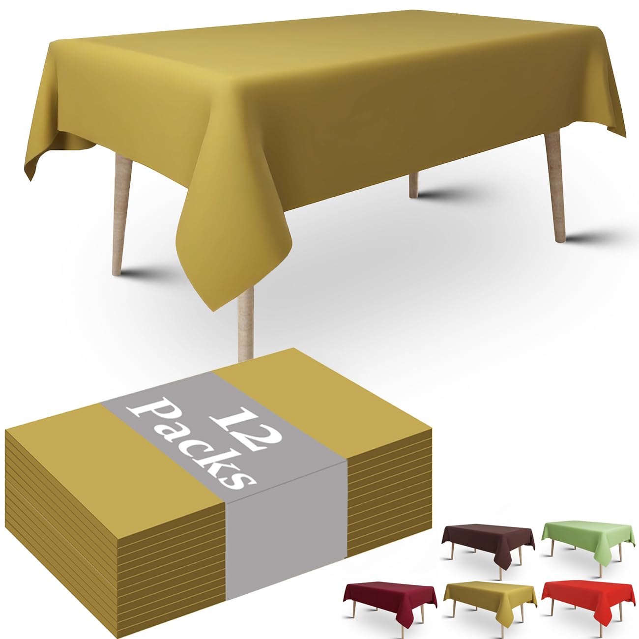 FULDGAENR Gold Plastic Table Cloth, Disposable Gold Tablecloths Plastic 54x108 Inch Size for 6-8 Foot Rectangle Table Indoor/Outdoor Parties Birthdays Weddings Anniversary - 12 Packs