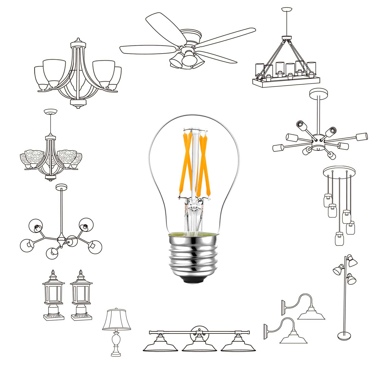 LiteHistory Bombilla LED E26 equivalente a 6 W, 60 W, no regulable, bombilla LED Edison A15 para ventilador de techo, apliques de pared, nevera, lámpara de escritorio, blanco cálido, 2700 K, 600 lm