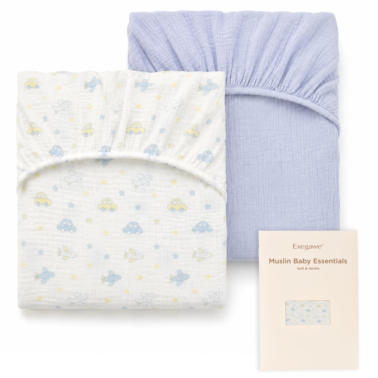 Exegawe Muslin Cotton Cot Fitted Sheets for Baby 60x120cm, 2-Pack(Car Set)