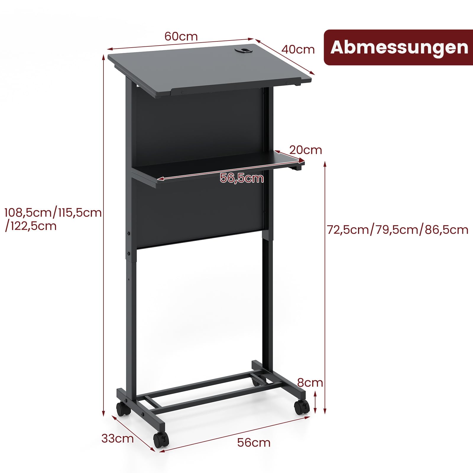 COSTWAY Stehpult höhenverstellbar, Steh-Sitz Schreibtisch mit Rollen, mobiler Stehschreibtisch mit geneigter Tischplatte & Ablagefläche, Laptoptisch für Zuhause & Büro, Schwarz