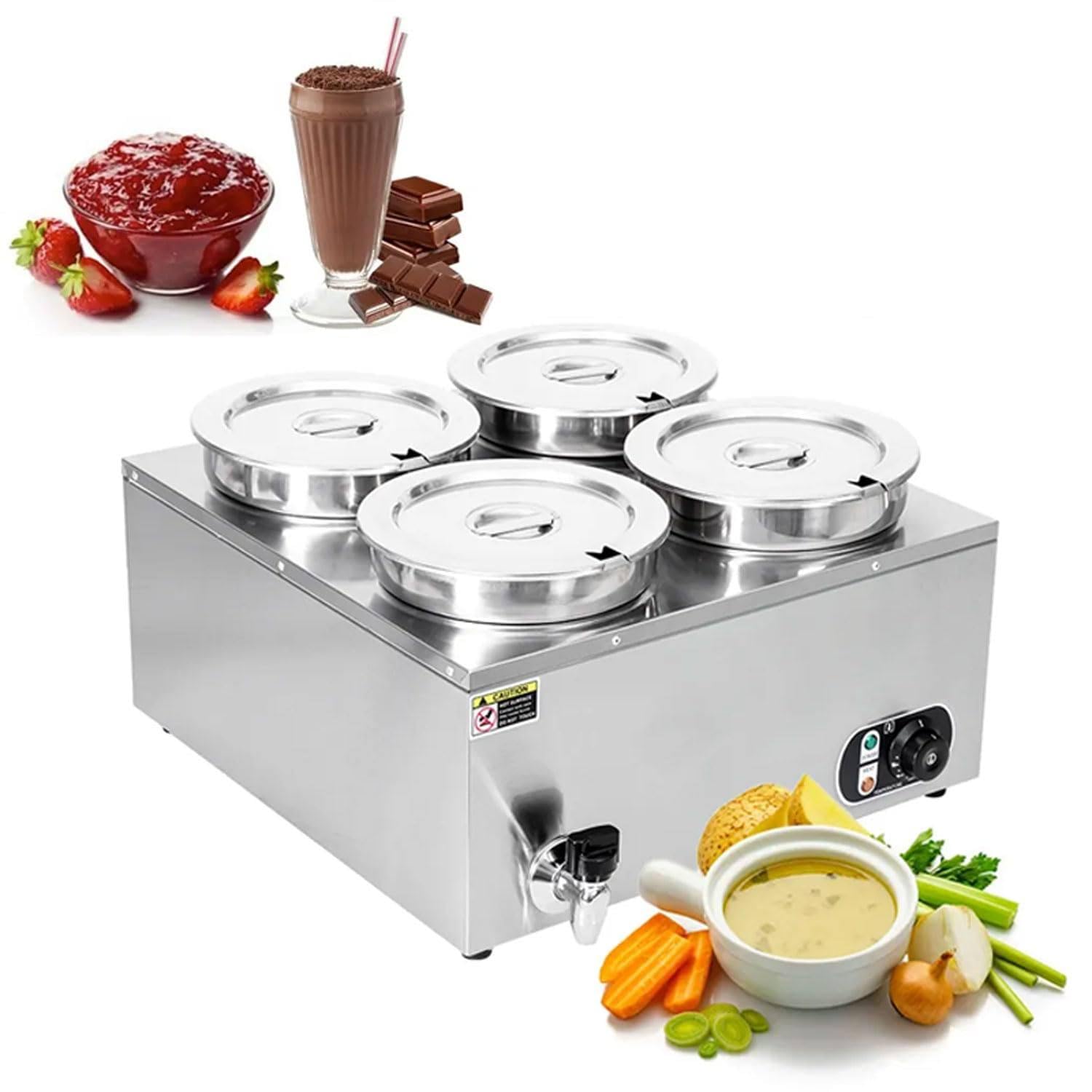 Calentador de Sopa eléctrico Comercial Bain Marie, Calentador de Alimentos 1500W con Control de Temperatura 30-85 ° C, 4 x 6.2QT, Mesa de Vapor de Buffet 537x537x315mm