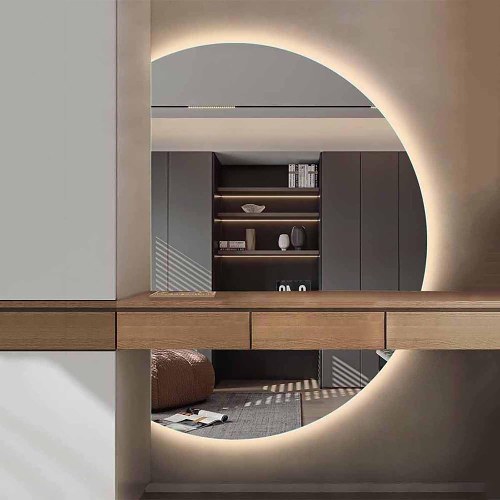 ZGYOZMNG 35x24 LED Bathroom Mirror with Lights Semicircle, Modern Irregular Anti-Fog Wall Vanity 43x28 Backlit Frameless Touch Control(Left Cut,100x70cm/39x28in) (Left Cut 100x70cm/39x28in)