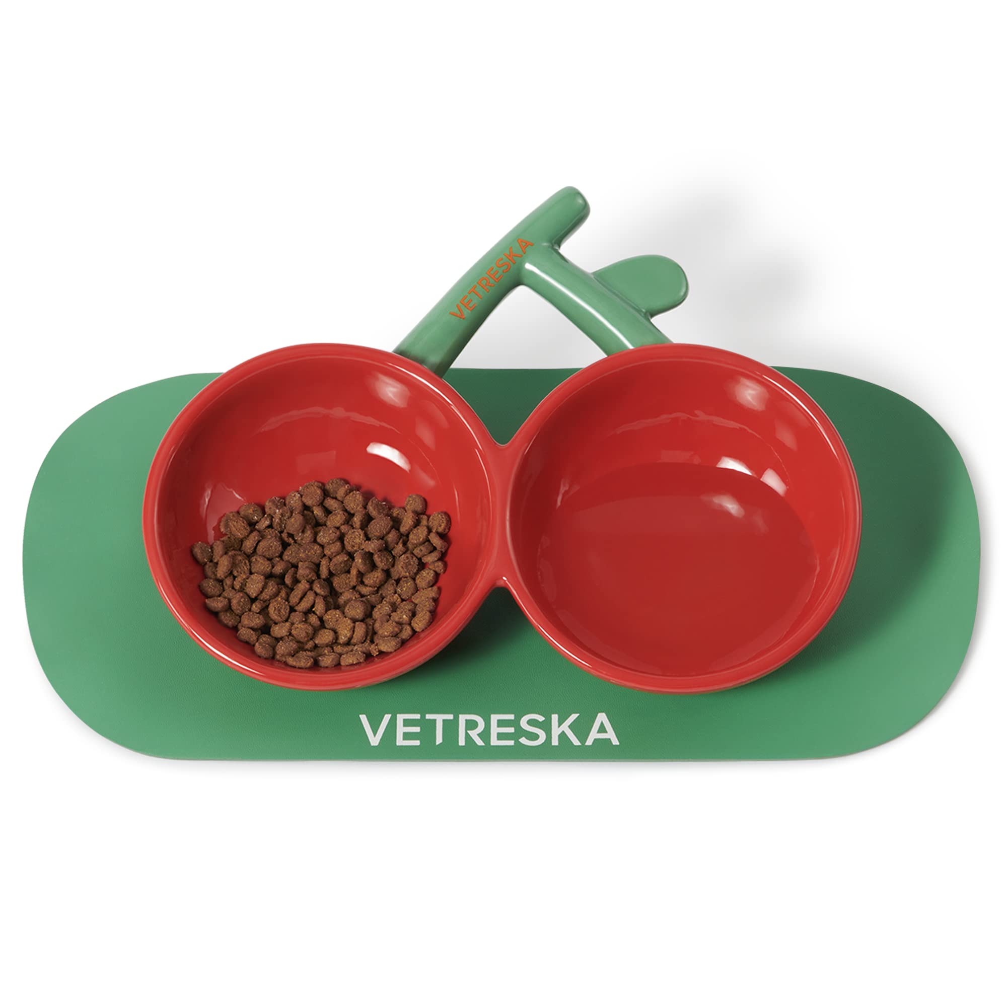 VETRESKA Cherry Cat Food Bowl Ceramic Cat Bowls for Food and Water, Tilted Cat Feeder Protect Cat's Spine Anti Vomiting, Shallow Puppy Bowls Cats Dog Dish with Non-Skid Mat