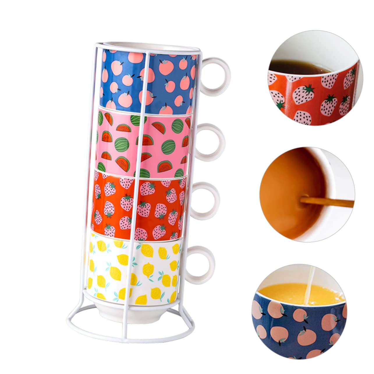 DECHOUS Kreatives 4 Stück Stapelbares Keramik Kaffeetassen mit Eisenständer 200ml Becher Platzsparend und Leicht zu Verstauen für Zuhause und Restaurants