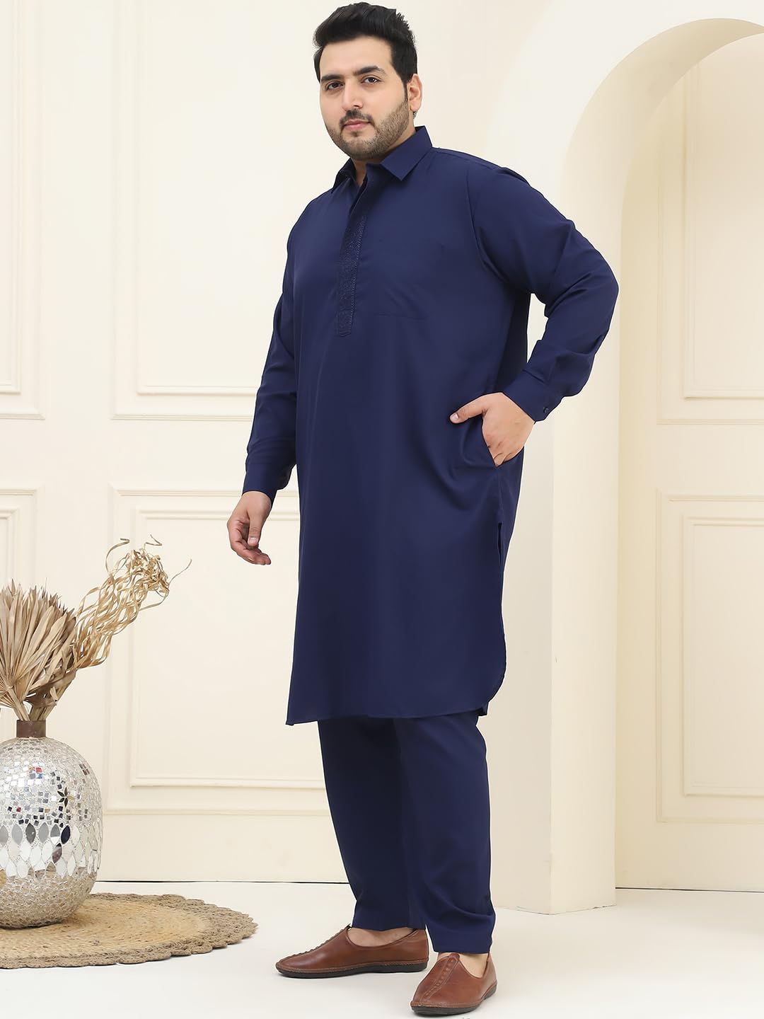 Sojanya Plus (Since 1958), Men's Cotton Navy Blue Pathani Kurta Salwar Set
