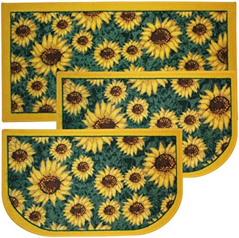 Kashi Home Kitchen Rug, Printed Area Rug, Durable Floor, Door Mat, Farmhouse Non-Slip Carpet Latex Backing Beautiful Design Sunflower 3pc Set (2 18x30 D Shape & 1 20x40)