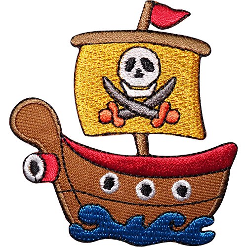 Écusson brodé à coudre ou à thermocoller en forme de bateau de pirate avec drapeau montrant un crâne et des sabres d’abordage