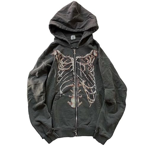 MLAFE Gothic Hooded Sweater Retro Bone Print Hooded sweatshirt Y2K zip-up jacket Grunge Hooded Sweater Harajuku upper garment - XX-Large - Grey