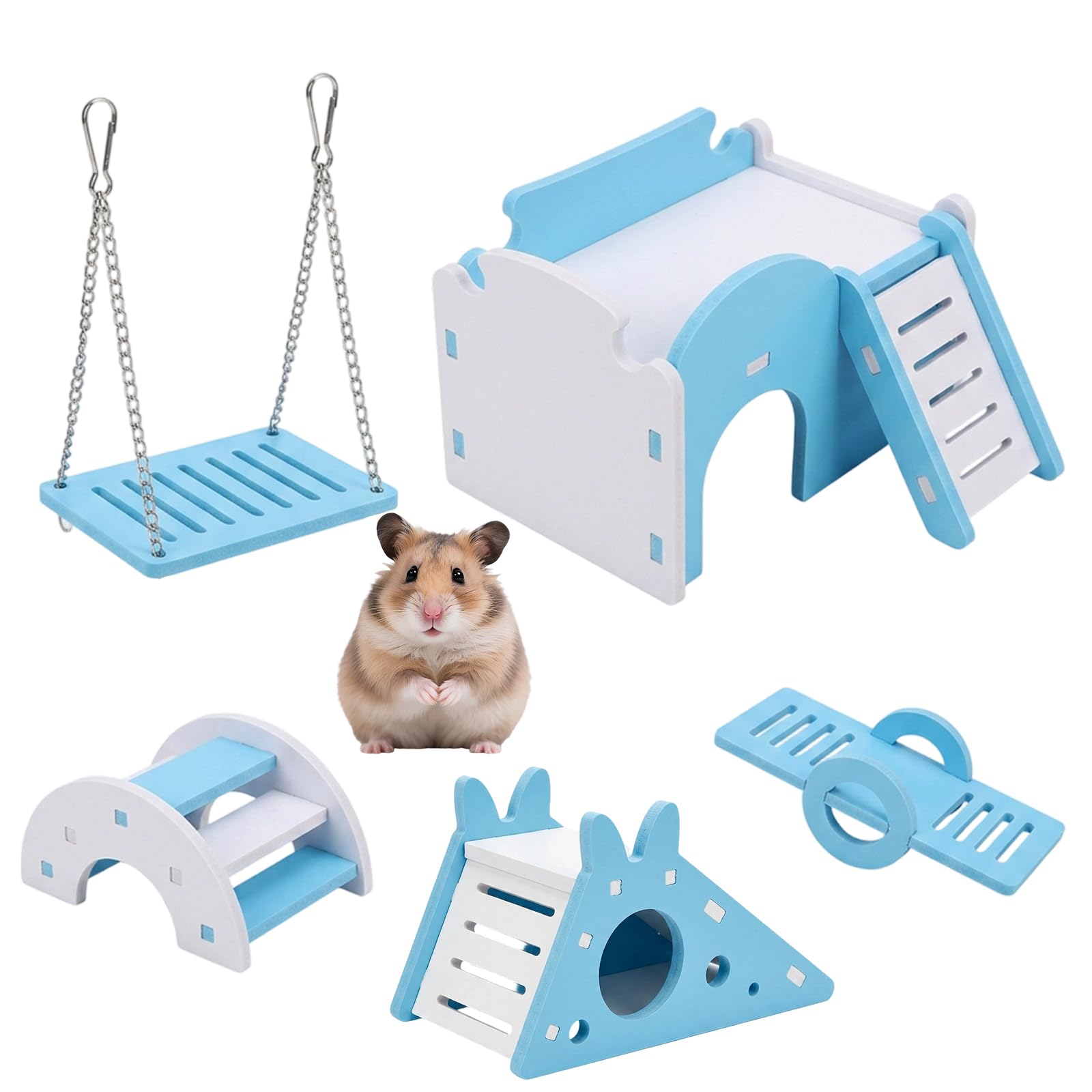 5-Piece Hamster Toys Set, Seesaw, Flat House, Slide, Bridge, Swing Blue