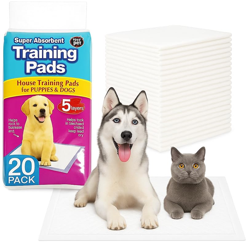 Dog and Puppy Training Pads - Leakproof 5-Layer Design Large Puppy Pads - Non Slip 𝐃𝐨𝐠 𝐌𝐚𝐭, White, Pack of 20