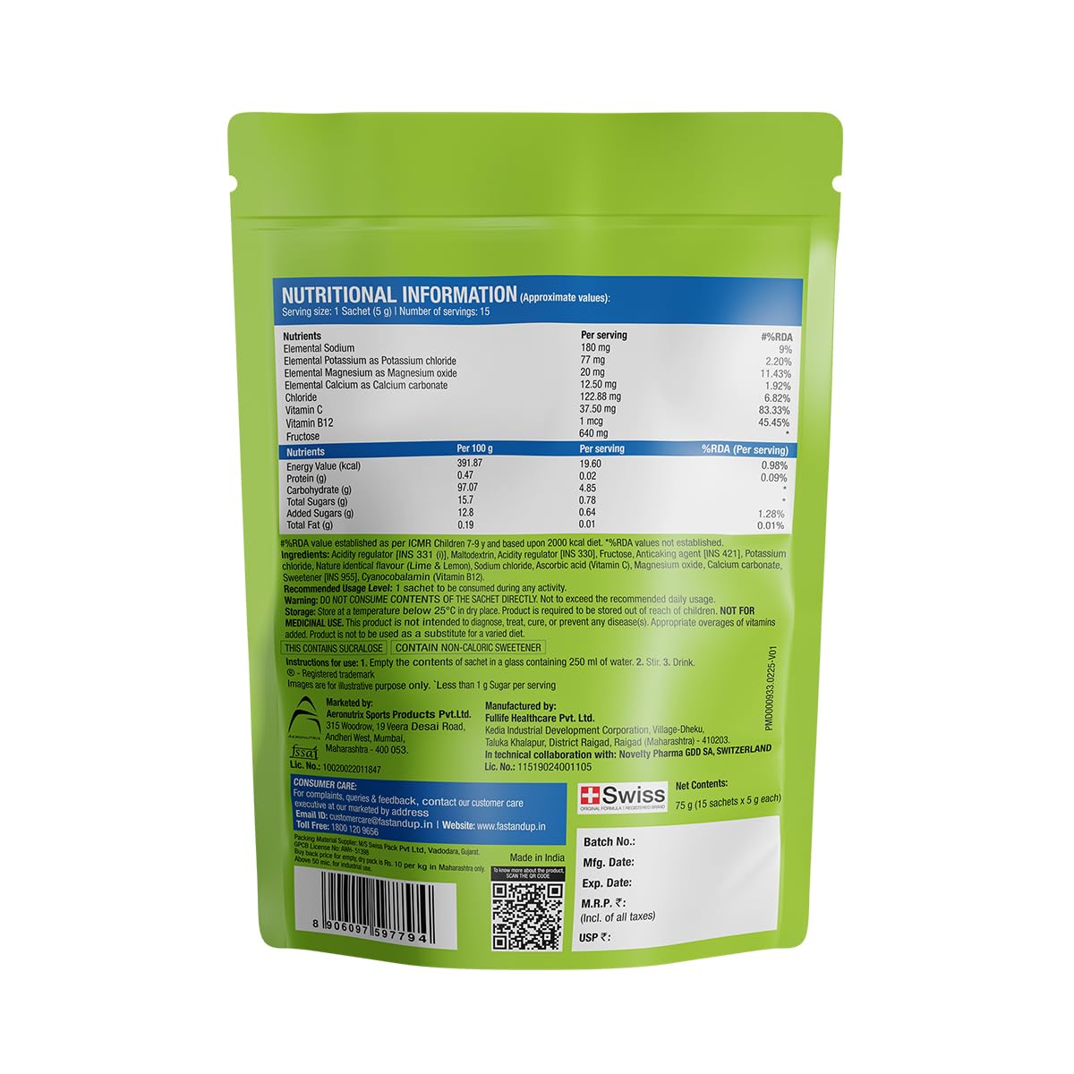 Fast&Up Reload Electrolytes Powder Sachets | Zero Added Sugar Hydration Drink with 5 Essential Electrolytes Vitamin C & B12 | Summer Heat, Workout Recovery, Travel & Wellness | Lime Lemon, Pack of 15 Sachets 3
